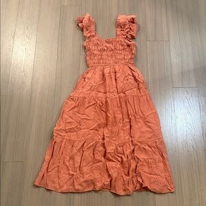 Chic Coral Midi Dress with Ruffled Straps